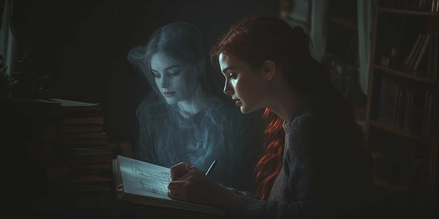 A ghost looks over the shoulder of a writer.